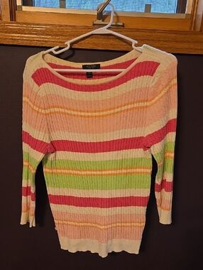 Chaps Striped Rib-Knit Crewneck Sweater in Pink, Green & Cream